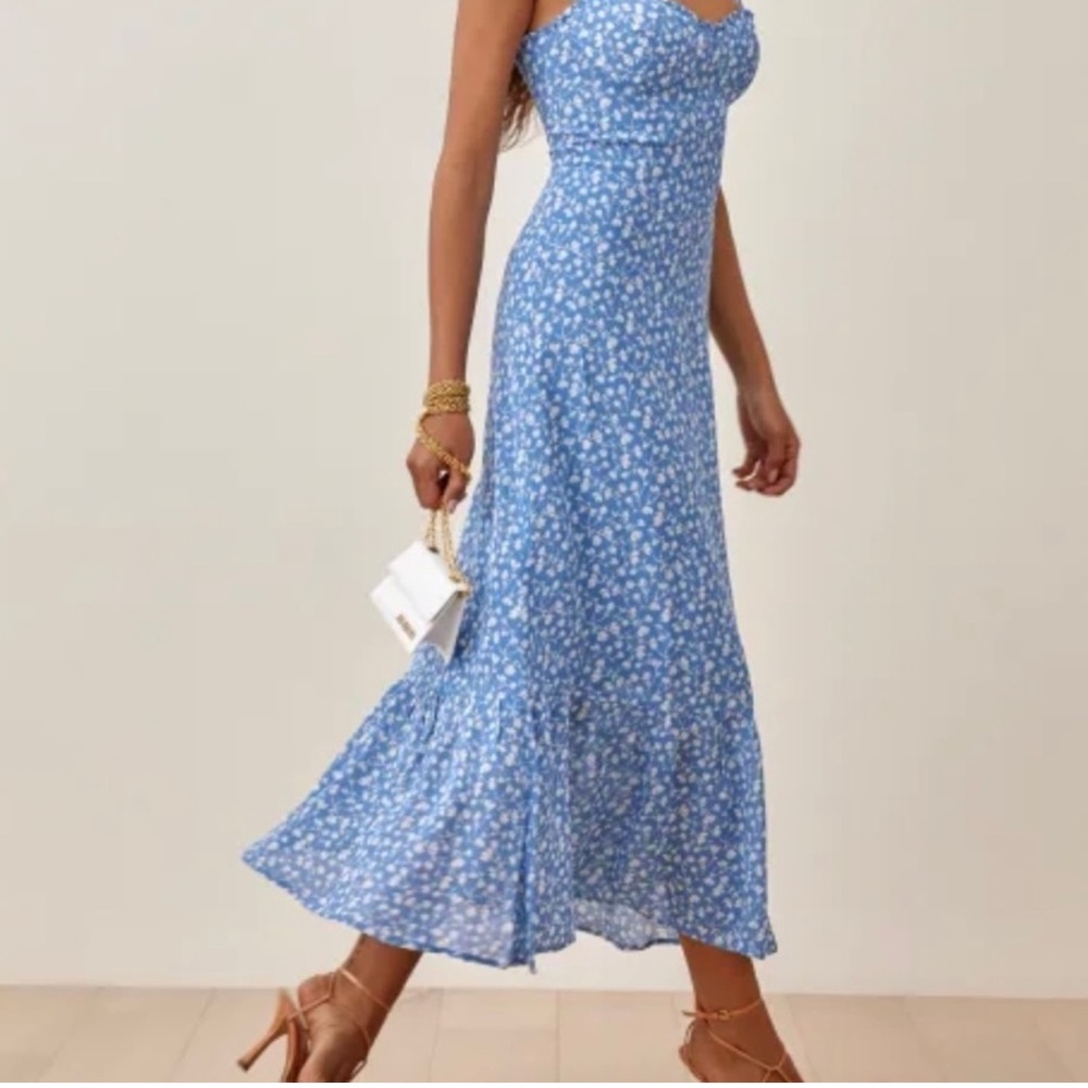 Reformation Blue Floral Tie Strap Midi Dress Size 8 Smocked Back Viscose - Picture 2 of 14